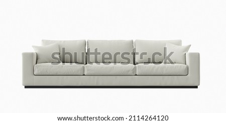 3 seat light beige color fabric sofa with pillow on white background. front view.