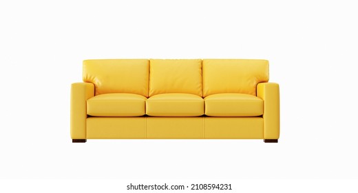 sofá de cuero amarillo de 3 asientos sobre fondo blanco.vista frontal.