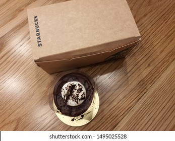 3 Sep 2019; Bangkok Thailand: Top View Of Starbucks Chocolate Cake At Starbucks Cafe Coffee Shop