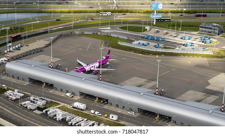 3 September 2017, Amsterdam, Holland. Aerial View Of WOW Airlines Airbus At Gate M On Schiphol Airport. 