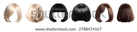 3 Set of back front wig hair hairpiece, hairstyle disguise hairdo, isolated cutout Mockup template. Many different style, classic short black blond brunette bob.