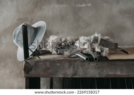 3 shearing combs, the traditional tools used to shear the fleece of the sheep rest on the workbench of a farmer. 