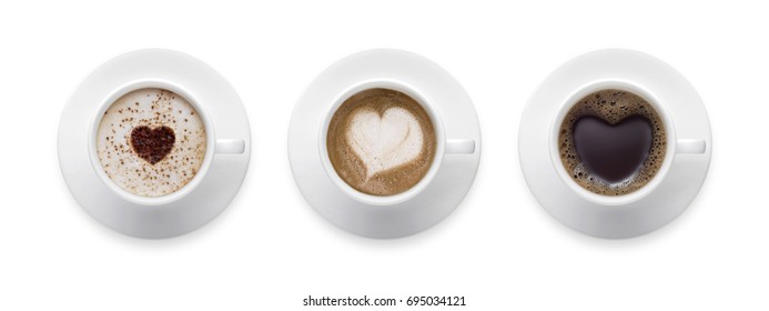 3 styles for coffee lover. heart shape, love symbol on black hot coffee cup, lover sign on Coffee cup of LATTE, Cappuccino, Mocha isolate on white background with clip path. - Powered by Shutterstock