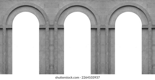 3 three classic white or beige arches. Marble antique wall arcade. Background banner. Poster. architecture of the ancient world. exterior white arched wall. empty copy space.isolated. mockup.
