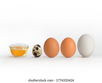 3 types of eggs concept on a white background: duck egg, chicken egg, quail egg. Placed to show different color and size characteristics, in addition raw eggs is ingredients for Cooking and Baking.