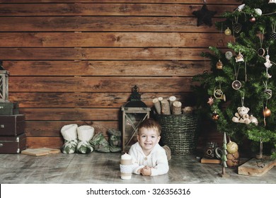 3 Years Old Child Celebrating Holidays Near Christmas Tree, Farm House Design