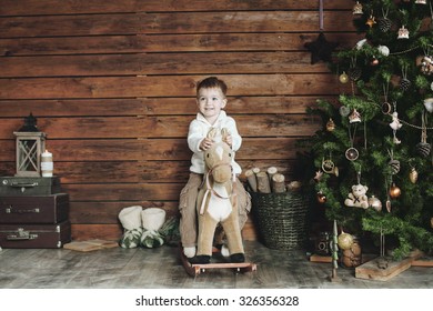 3 Years Old Child Celebrating Holidays Near Christmas Tree, Farm House Design