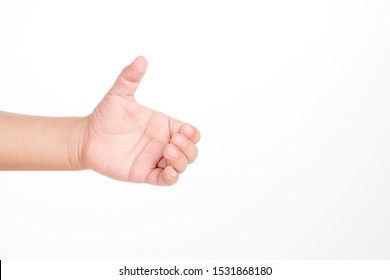 3 Years Old Kid Hand Holding Something Like A Bottle On White Background