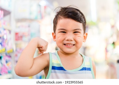 3 Years Old Mixed Race Child Asian Caucasian Boy With Strong Look Healthy.childhood Kindergarten Kid With Strong Muscle And Good Emotion.Happy Kid In Grocery Store.Pediatric, Vaccine, Protect Virus.