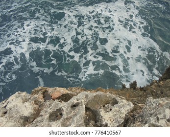 30 Feet High Dive Spot In Spain / Waves Crashing On Natural Shore Breaker In Palma De Mallorca