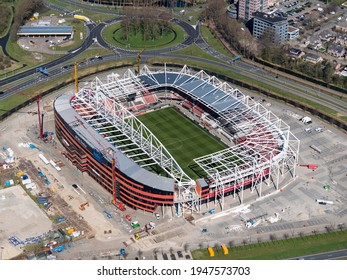 30 March 2021, Alkmaar. Aerial View Of Construction Work At The AFAS Stadion Of Soccer Club AZ. A Huge Mega Truss Has Just Been Put On The Roof Of The Sport Arena. 