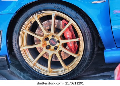 30 May 2021, Antalya, Turkiye: Pirelli tires with powerful disc brakes on a sports racing car