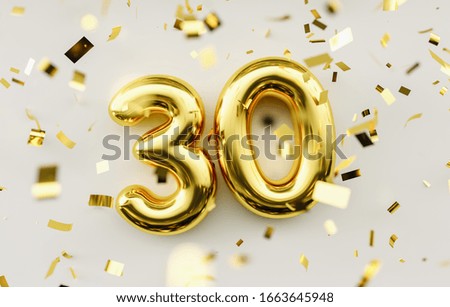 30 years old. Gold balloons number 30th anniversary, happy birthday congratulations