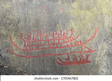 3000 Year Old Carvings From The Bronze Age, Showing Men Riding On A Boat To Death, Tanum, Sweden