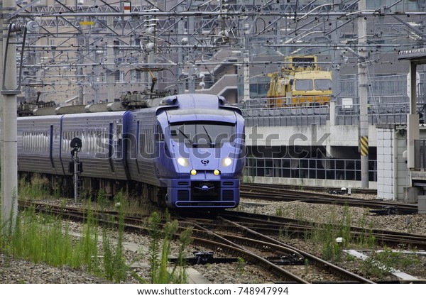 30.08.2015 Fukuoka.\
Japan. Express Train by Kyushu Railway Company. Fukuoka to\
Nagasaki. Hakata train station.\
Japan