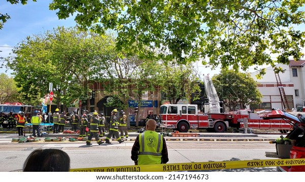 301 W Portal Ave, San Francisco, CA 94127\
USA \
April 18, 2022\
Firefighters and firetruck and police cars at\
Fuji Japanese Restaurant where there is a fire on the roof at 12:40\
pm. On West Portal Avenu