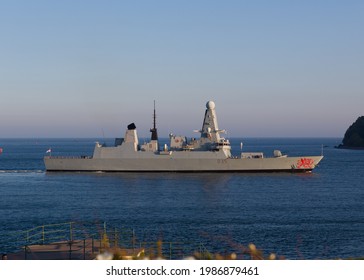 30:5:21. Plymouth, UK:  The Type 45 Daring Class Destroyer HMS Dragon Enters Plymouth Sound On A Calm And Sunny Evening.