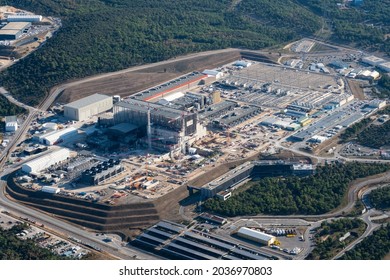 30-8-21, Provence, France. Aerial view nuclear reactor site ITER,  International Fusion Energy Organization atomic energy research institute Cadarache. The huge building is the Tokamak Assembly Hall