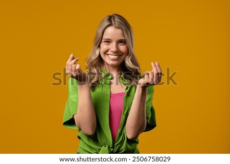 Similar – Image, Stock Photo Amazed woman, she expresses WOW. Impressed lady on yellow background. Great news