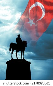 30th august victory day of Turkey or 30 agustos zafer bayrami background vertical photo. Silhouette of the statue of Mustafa Kemal Ataturk and Turkish flag. - Shutterstock ID 2178398561