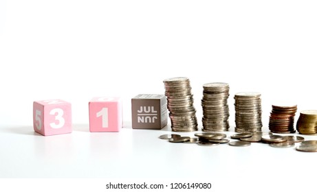 31 End Of The Month With Pile Of Coin Isolated On White Background, Pay Day, Salary, Concept For Business And Finance.