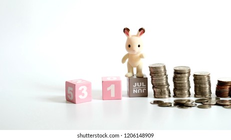 31 End Of The Month With White Rabbit Doll And Pile Of Coin Isolated On White Background, Pay Day, Salary, Concept For Business And Finance.