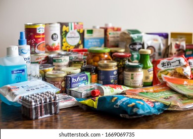 3/10/2020 Berlin, Germany. A Small German Family's Emergency Two Week Food Supply. Coronavirus COVID-19 Crisis Food Stock For Small European Household In Case Of Quarantine