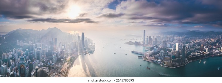 31-3-2022- Hong Kong: Epic Sunset Of The Victoria Harbour, Wai Chai And Central Of Hong Kong, Aerial Shot