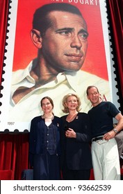 31JUL97:  Actress LAUREN BACALL (center) with children STEPHEN & LESLIE BOGART at unveilling ceremony in Hollywood for new US postage stamp honoring actor Humphrey Bogart.