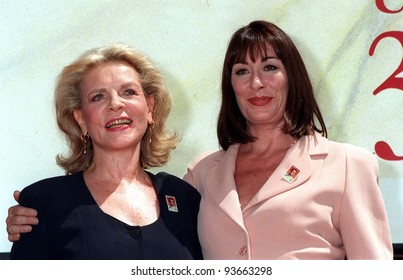 31JUL97:  Actresses LAUREN BACALL (left) & ANJELICA HUSTON at unveilling ceremony in Hollywood for new US postage stamp honoring Bacall's former husband, actor Humphrey Bogart.