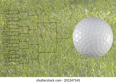 32 Player Gold Match Play Bracket With Golf Ball On Green Grass Background