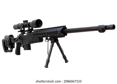 .338 caliber sniper rifle with telescope sight and bipod isolated on white background