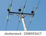 33KV 3phase power line with green glass insulators