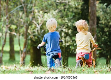 3-4 years joyful boys riding a balance bike (run bike). Happy children learning to wheel, keep balance on training bicycle in the park. Active kids have a walk and play outside. 