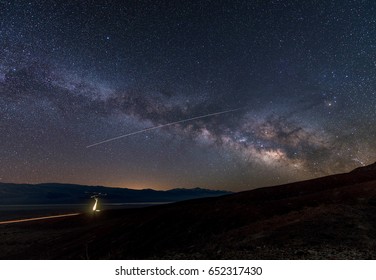 A 3.5 Minute Exposure Of The Milkyway Galaxy Over Panamint Valley CA, With The International Space Station Streaking Across Like A Shooting Star..
Taken Inside Death Valley National Park. 