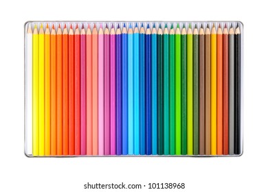 36 wooden crayons in a tin box with plastic insert, isolated against white background