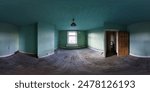 360 degree full sphere panoramic equirectangular photo of an old run down abandoned British home showing the old empty bedroom with a wooden floor in need of a renovation and decorating