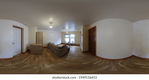 360 Degree Full Sphere Panoramic Photo Of A Modern Interior Living Room, Showing A Sofa And Dining Table In The Small Apartment