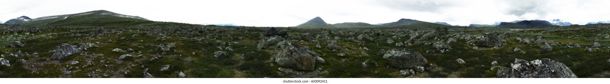 360 degree panorama of bush landscape with rocks spread out across it in Sarek National Park, Sweden - Shutterstock ID 603092411