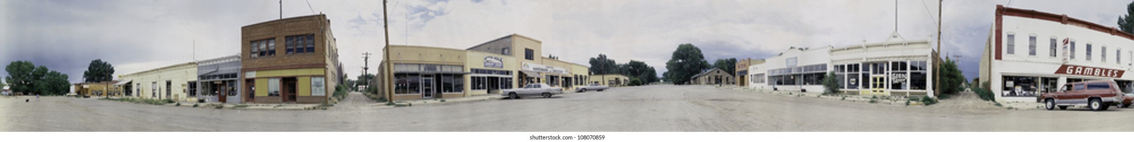 360 Degree Panoramic Image Of A Group Of Storefronts In A Small Town In New Mexico. It Represents Small Town America Or Main Street USA.