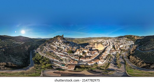 360 Degree Panoramic Photography. Montefrío One Of The Most Beautiful Towns In The World According To National Geographic. Aerial View From Drone Of Typical Spanish Town. Andalusia. Granada. Spain.