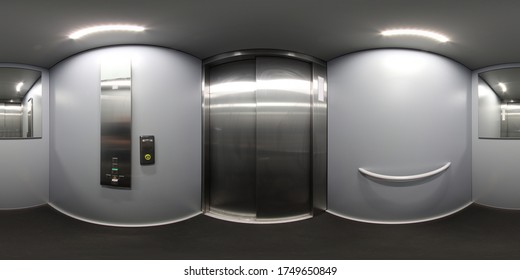360 Degree panoramic sphere photo taken inside a metal elevator lift in the UK showing the closed metal doors with a large mirror on the back wall