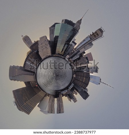 360 degree tiny planet view of Manhattan skyline during sunset in New York City 