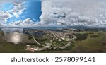 360 degrees view from drone of Georgian port city of Poti located at entrance of Rioni river into Black Sea on sunny Autumn day, Samegrelo-Zemo Svaneti region.