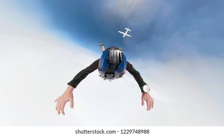 360 Dregree Selfie Photo Of Skydiver Above The Clouds With Camera Attached On The Helmet