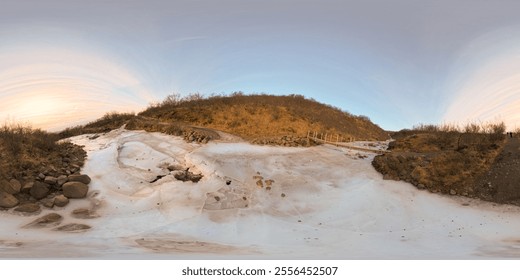 360 equirectangular photo frozen rivers at Magnusarfoss rock and ice formations Iceland 2024 - Powered by Shutterstock