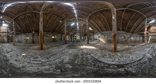 360 hdr panorama inside abandoned ruined wooden decaying hangar with rotting columns or old building. full seamless spherical hdri panorama in equirectangular projection, AR VR virtual reality content