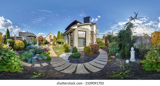 360 Hdr Panorama On Backyard Of Country House In Equirectangular Seamless Spherical Projection, VR Content