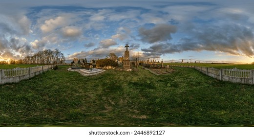 360 hdri evening panorama on old graveyard cemetery with gravestones and monuments at sunset in full equirectangular seamless spherical  projection with zenith, VR content