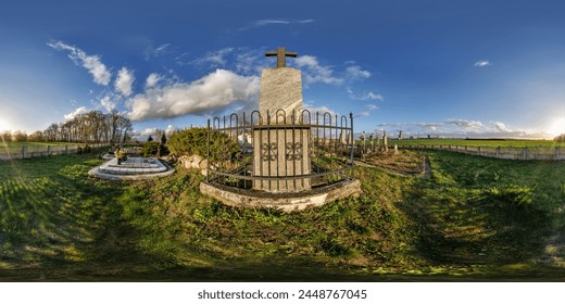 360 hdri evening panorama on old graveyard cemetery with gravestones and monuments at sunset in full equirectangular seamless spherical  projection with zenith, VR content